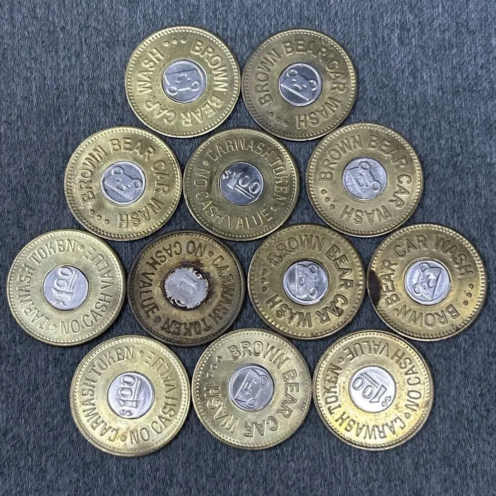 Lot of 12 Vintage Brown Bear Car Wash Tokens Bi-Metallic Washington State